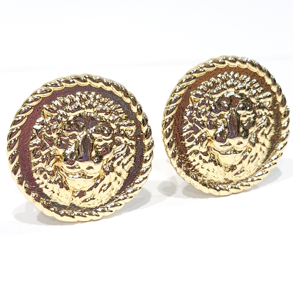 Vintage Versace Lion Coin Earrings 70s 80s Gold Tone Gianni Versace Clip Ons - Picture 7 of 17